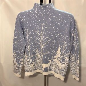 Tahari Light Blue and White Winter Scene Cowl Sweater